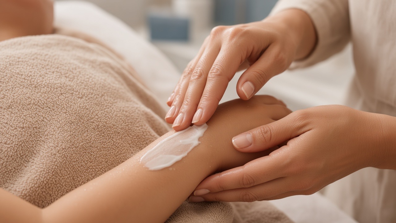 Aplicación de crema hidratante en el brazo de un niño después del baño