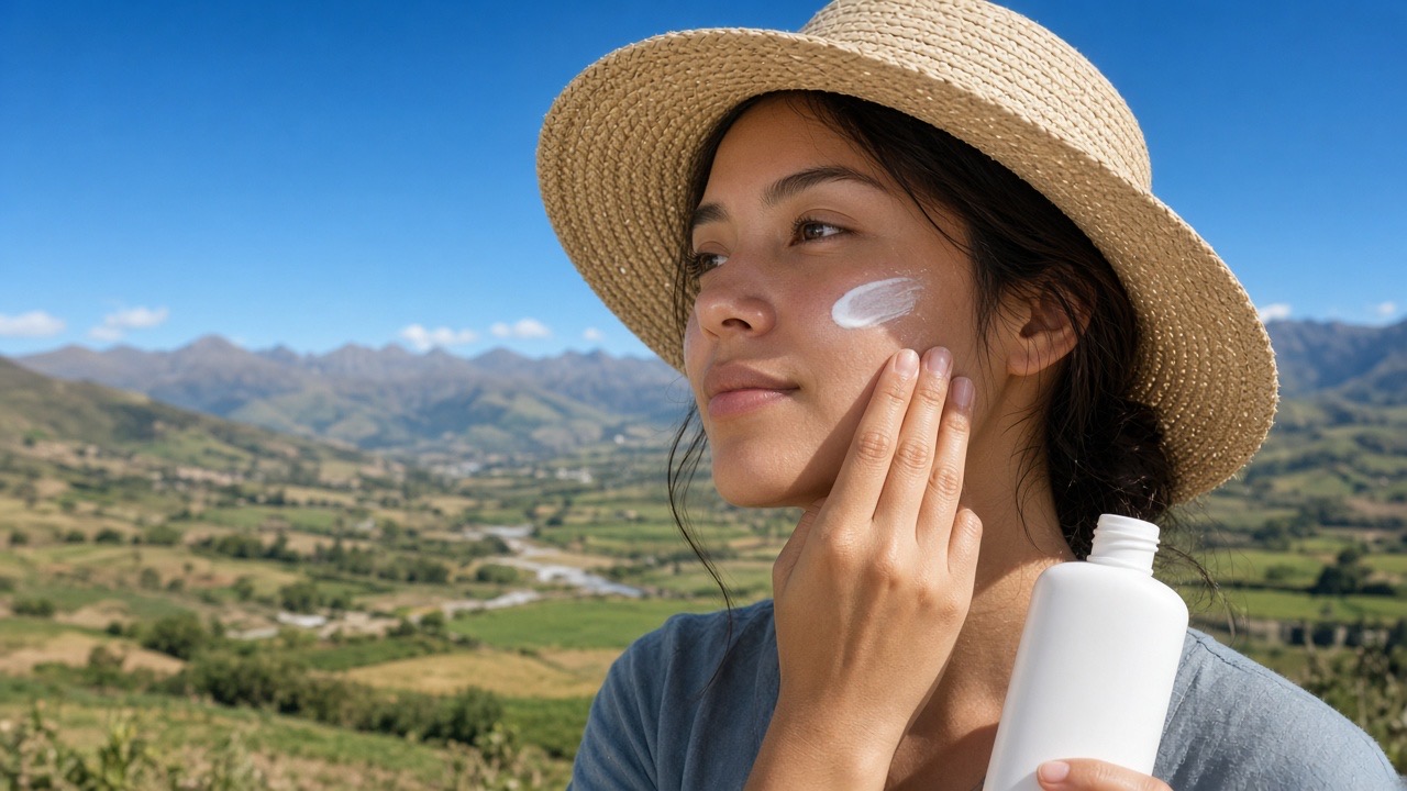 Mujer con sombrero aplicándose protector solar en un valle de la sierra