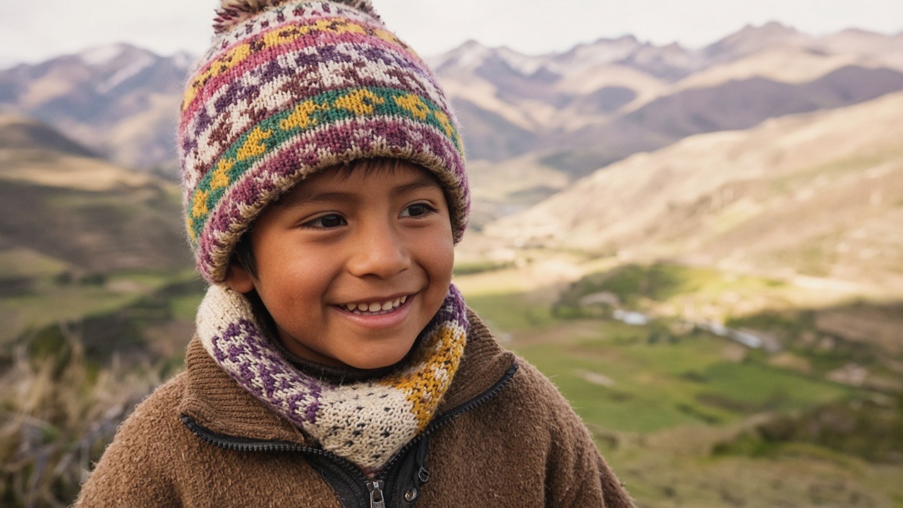Niño abrigado con chullo y chalina en un valle andino