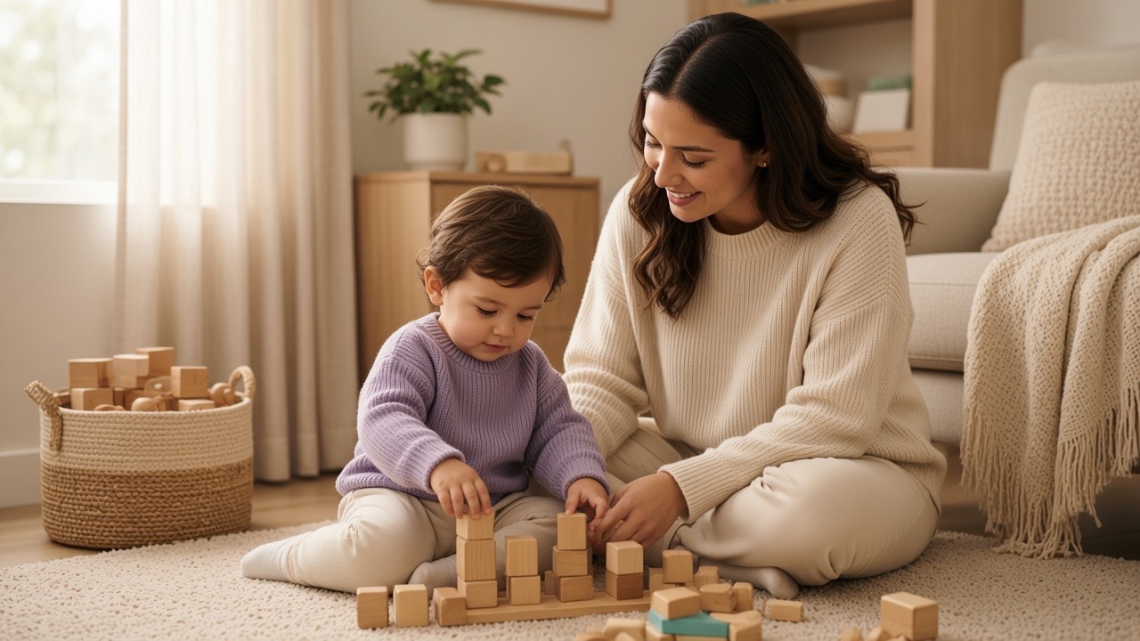 Madre jugando con bloques de madera junto a su hijo pequeño